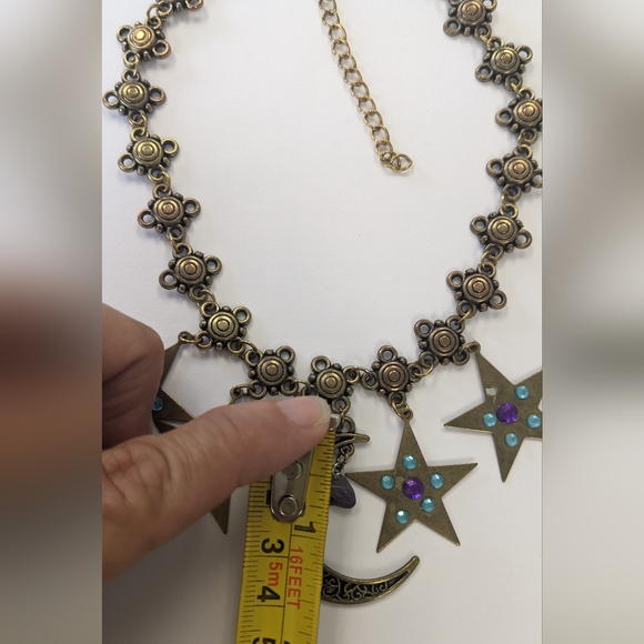 VTG METAL BRONZE/GOLD TONE MOON & STARS NATURAL GEM STONE NECKLACE - Picture 12 of 13